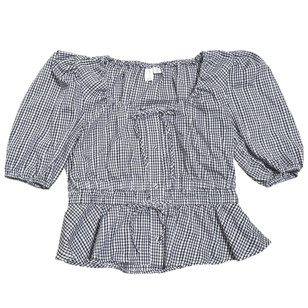 Joie Womens XL Black White Gingham Peplum Puff Sleeve Button Front Blouse Shirt